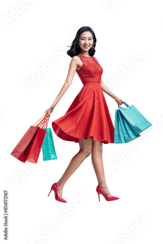 Asian lady holding shopping bags cutout isolated transparent png