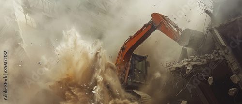 A dynamic action shot of a demolition excavator amidst a cloud of dust and debris, dramatically capturing the power and energy of industrial demolition.