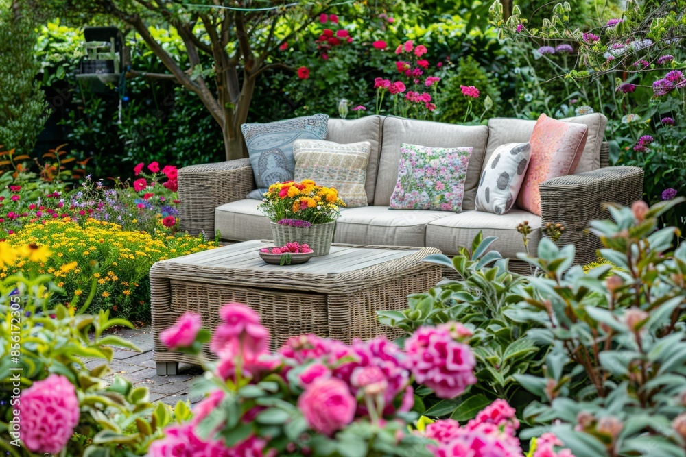 Elegant Garden Setting with Outdoor Sofa and Flowers, Perfect for Entertaining or Relaxation Elegant Garden Setting with Outdoor Sofa and Flowers, Perfect for Entertaining or Relaxation
