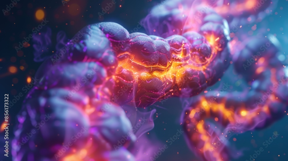Fototapeta premium Colorful 3D illustration of a DNA strand showcasing detailed glowing elements and vibrant textures, representing genetic science and biotechnology.