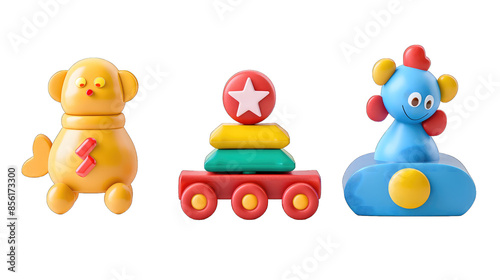 Three toy animals are sitting on a white background, isolated on transparent background, PNG format.