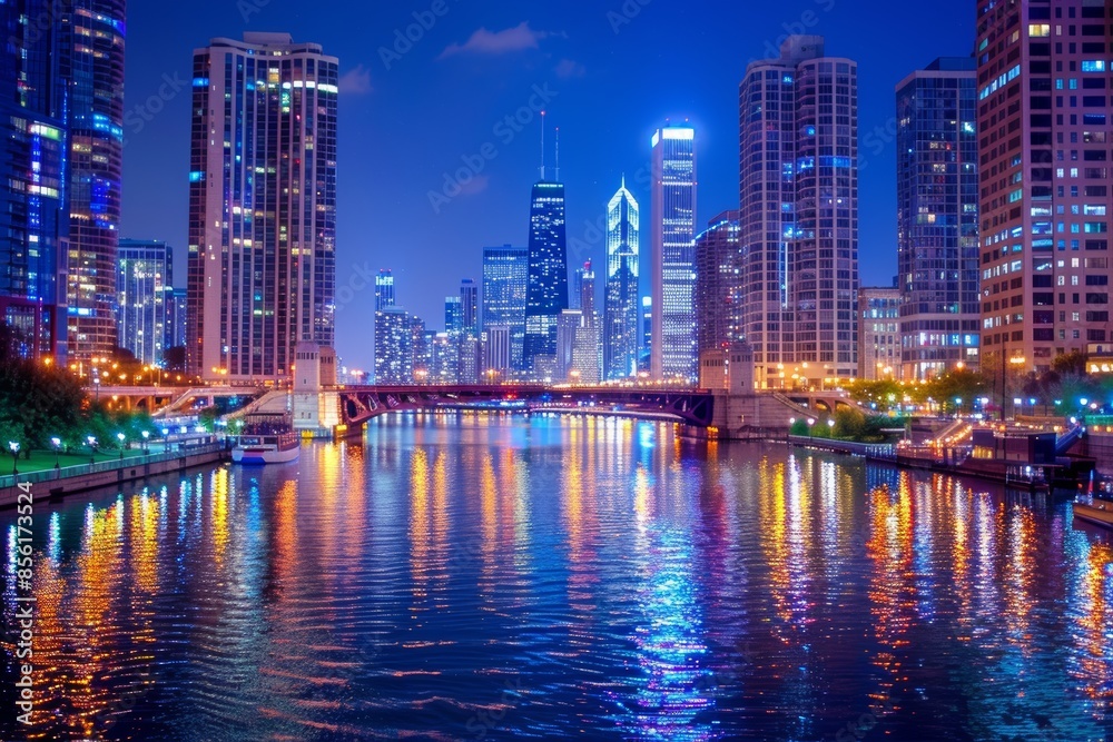 Obraz premium Nighttime City Riverfront with Illuminated Bridges and Reflecting Skyline