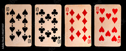 ten old real cards full set of vintage poker cards with aces kings jacks  and jokers and numbers all suits black background 