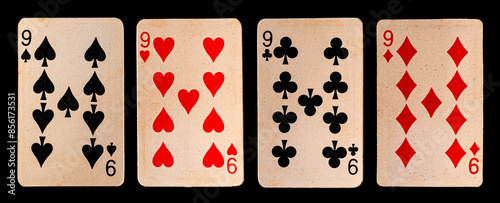 old real nines cards full set of vintage poker cards with aces kings jacks  and jokers and numbers all suits black background 