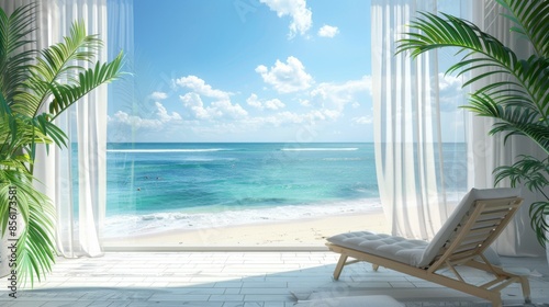 concept of relaxation on the ocean shore, white sand and palm leaves.