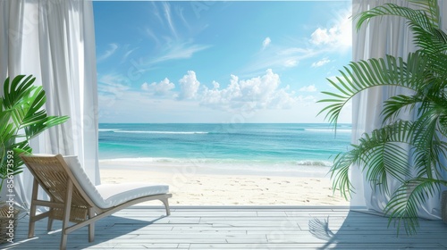 concept of relaxation on the ocean shore, white sand and palm leaves.