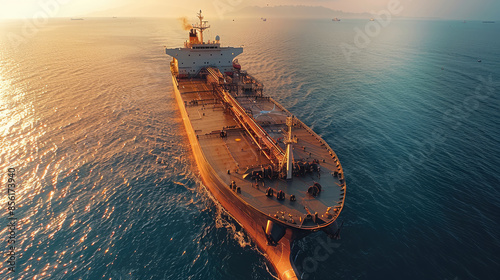 A large oil transport ship is at sea. Aerial high view. Generative AI.