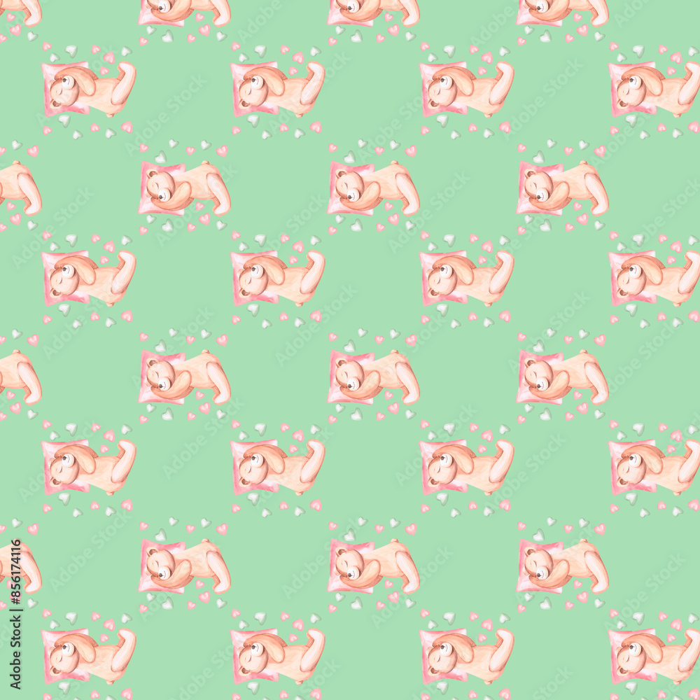 Seamless pattern of sleeping bear and hearts watercolor illustration on a light green background. Hand drawn illustration of sleeping bear for baby wallpaper, baby linen, baby shower.