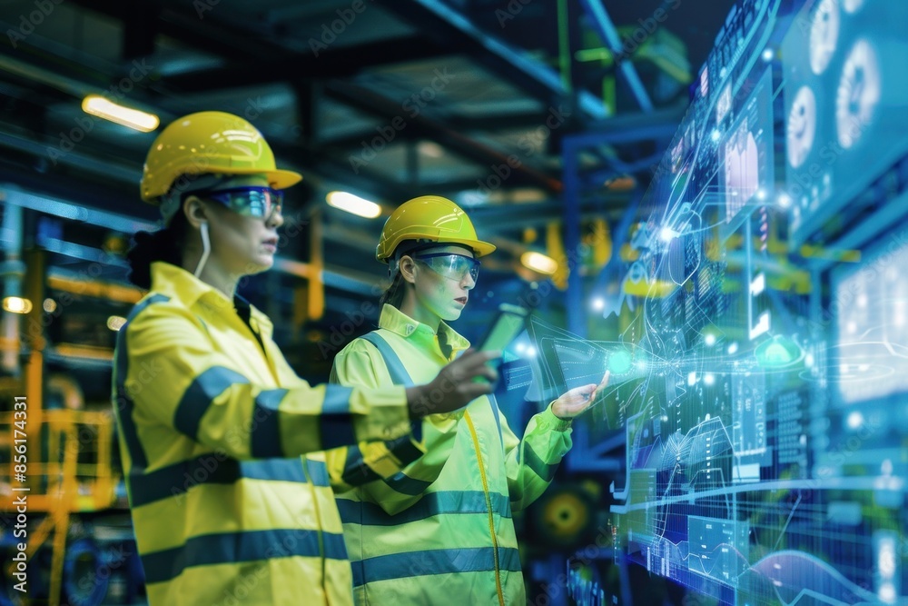 Fototapeta premium Industrial workers with digital interface