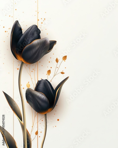 Elegant black tulips with gold highlights and minimalist design on a white background, perfect for modern and stylish decor.