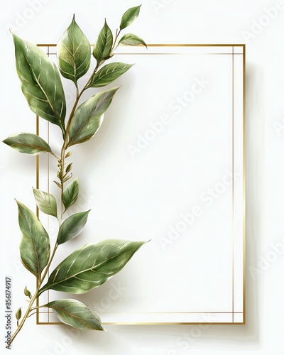 Elegant botanical frame with green leaves and gold accents, perfect for invitations, announcements, or any design requiring a natural touch.