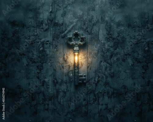 Fluorescent key glowing as it unlocks a dark door, vibrant light spilling out, close up, mystery theme, dynamic, overlay, ancient door backdrop photo