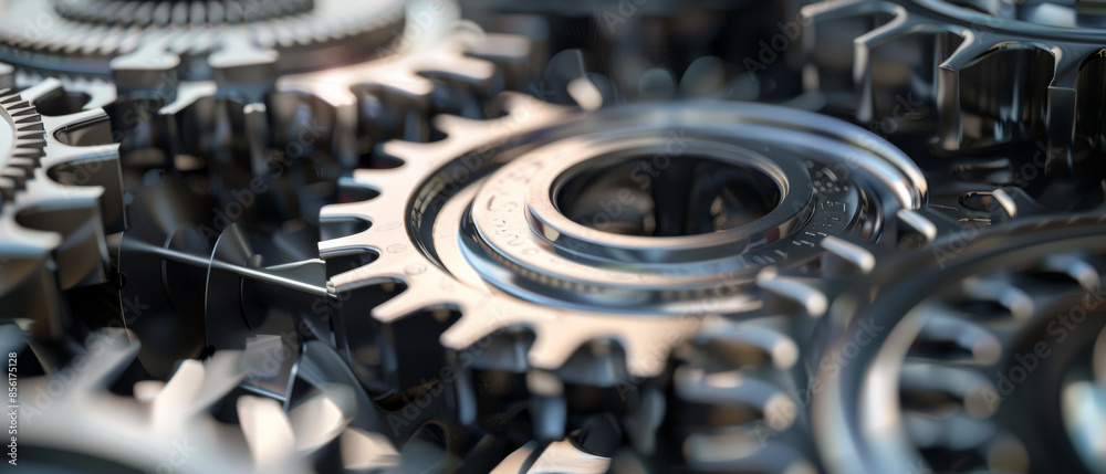 Fototapeta premium Close-up of interlocking metallic gears, showcasing the complexity and precision of mechanical engineering with intricate teeth and polished surfaces.