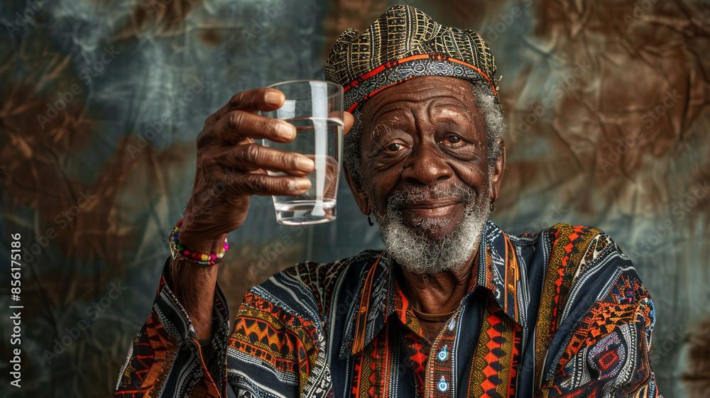 Obraz premium black old man is holding a glass of pure water