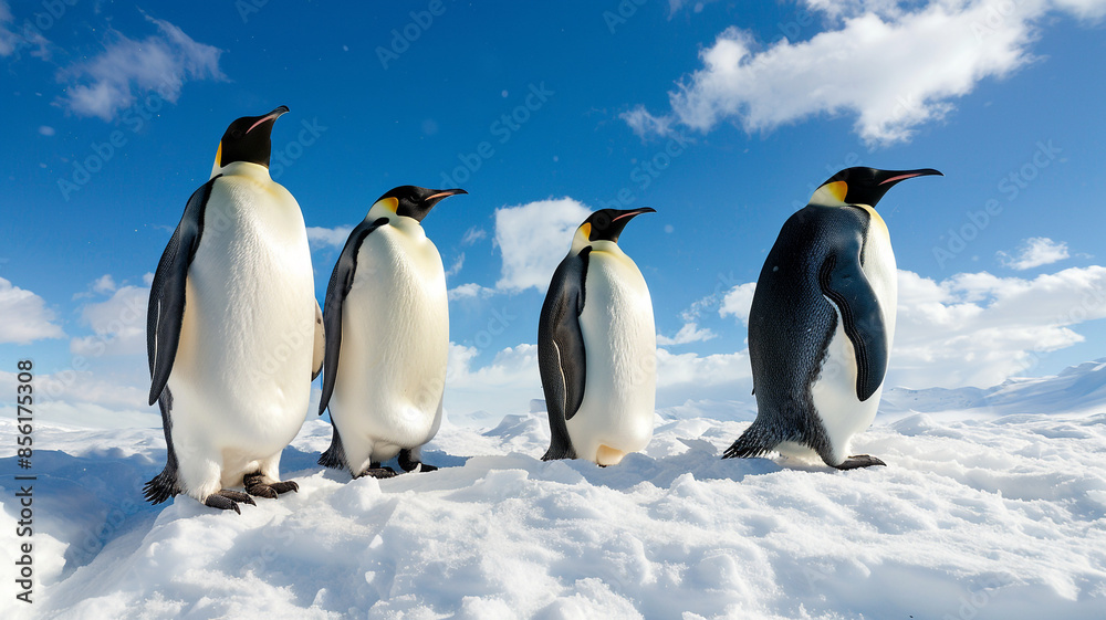Obraz premium A group of emperor penguins on the snow with a blue sky background