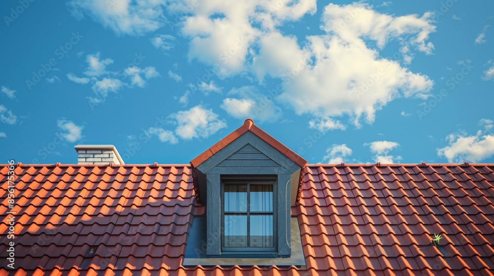 Red tiled roof with a dormer window against blue sky with clouds Red tiled roof with a dormer window against blue sky with clouds