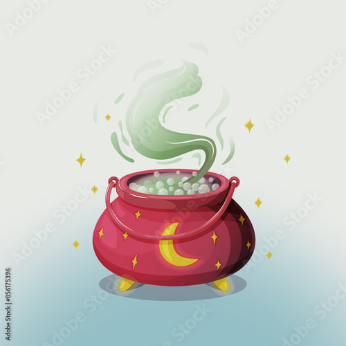 Witch Halloween magic pot. Vector boiler with boiling magic brew or steaming goo Isolated evil item