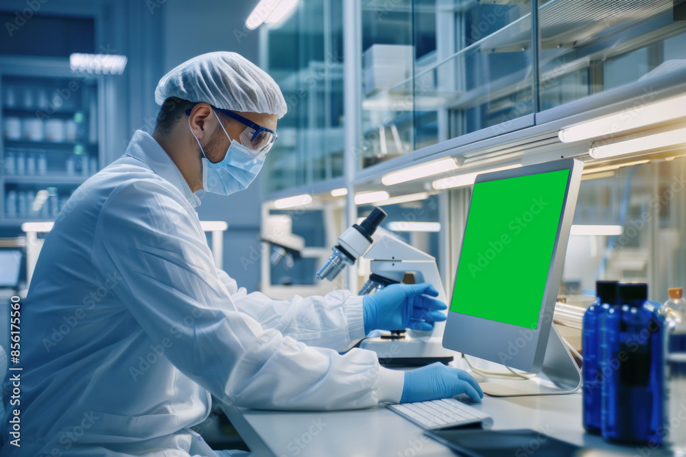 Scientist with microscope and computer screens Scientist with microscope and computer screens