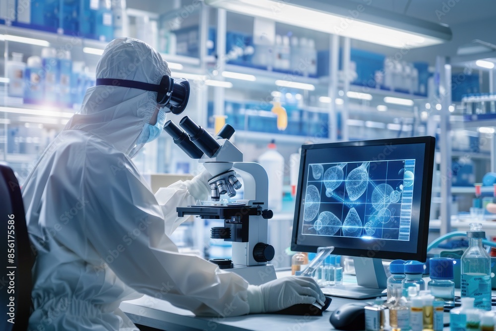 Scientist studying cellular structures Scientist studying cellular structures