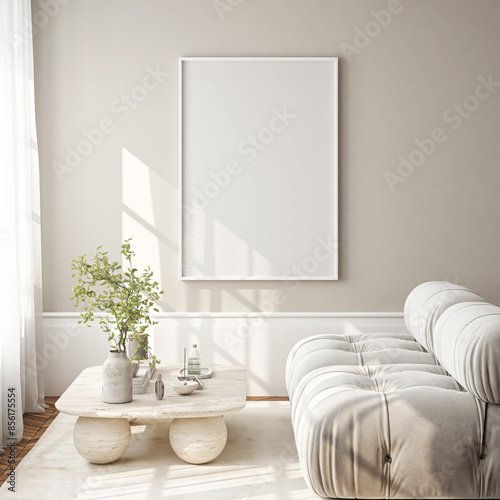 Frame mockup, ISO A paper size. Living room wall poster mockup. Interior mockup with house background. Modern interior design. 3D render 