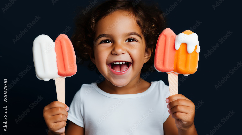 A charming girl with unusually shaped, bright portions of ice cream in each hand, smiles happily, against a dark background