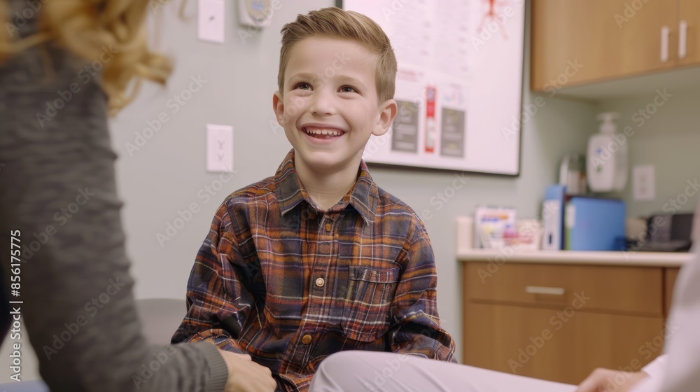Interactive Medical Appointment: Capture the interactive nature of a medical appointment as the young boy sits up on an exam table in a doctor's office. Interactive Medical Appointment: Capture the interactive nature of a medical appointment as the young boy sits up on an exam table in a doctor's office.