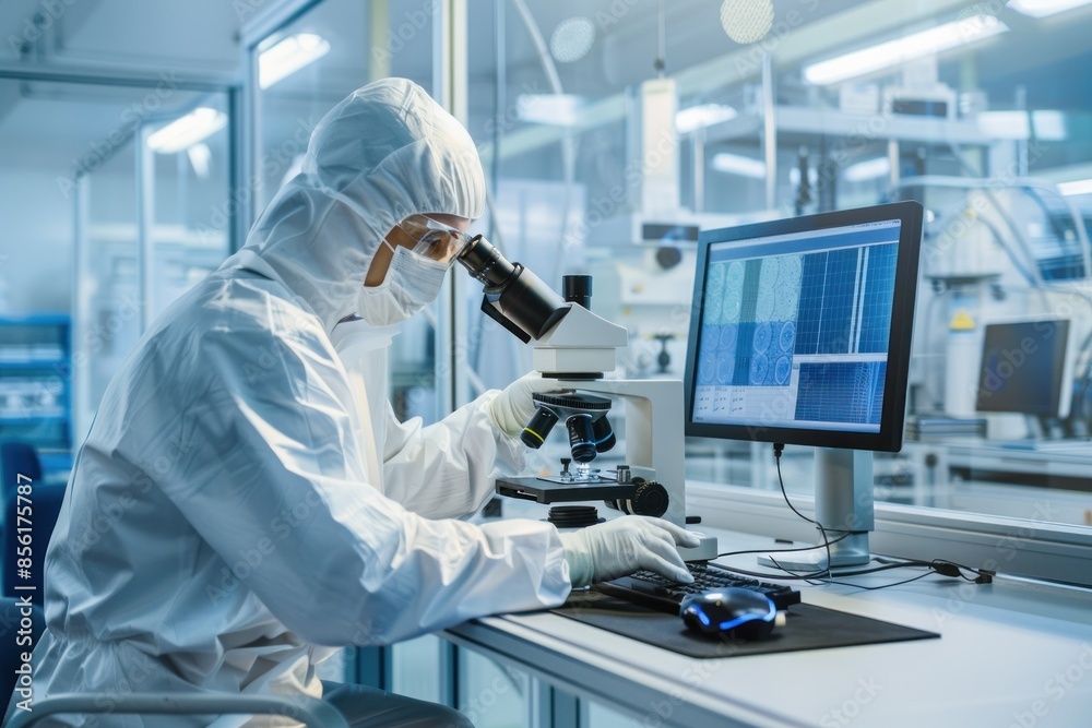Researcher analyzing samples with microscope Researcher analyzing samples with microscope