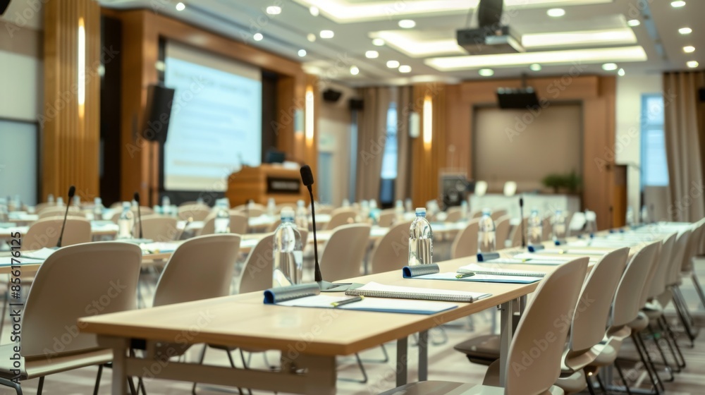 A conference room with tables and chairs set up for a meeting or presentation. There are microphones on the tables and water bottles placed in front of each seat. A conference room with tables and chairs set up for a meeting or presentation. There are microphones on the tables and water bottles placed in front of each seat.