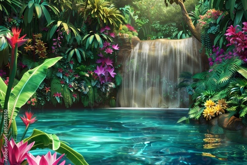 Luxurious Tropical Paradise Waterfall Surrounded by Exotic Flowers and Lush Greenery photo