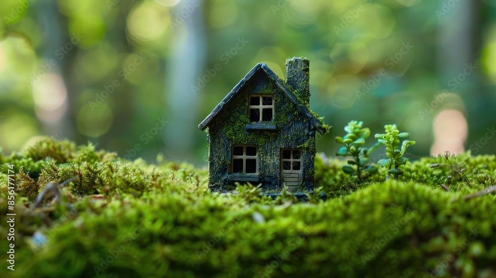realistic photography close up miniature green macro house with moss texture on moss surface. realistic photography close up miniature green macro house with moss texture on moss surface.
