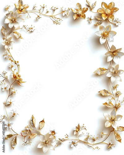 Elegant floral frame with gold and white flowers, perfect for invitations, greeting cards, and festive decorations.