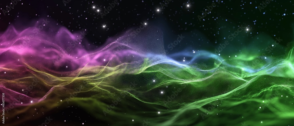 A colorful, swirling line of light with stars in the background. Digital particles wave and light abstract background A colorful, swirling line of light with stars in the background. Digital particles wave and light abstract background