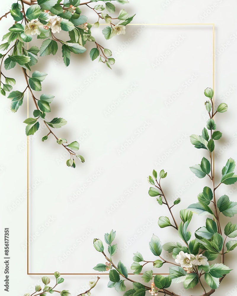 Elegant floral frame with green leaves and white flowers on a white background, perfect for invitations, greetings, and decorative purposes. Elegant floral frame with green leaves and white flowers on a white background, perfect for invitations, greetings, and decorative purposes.