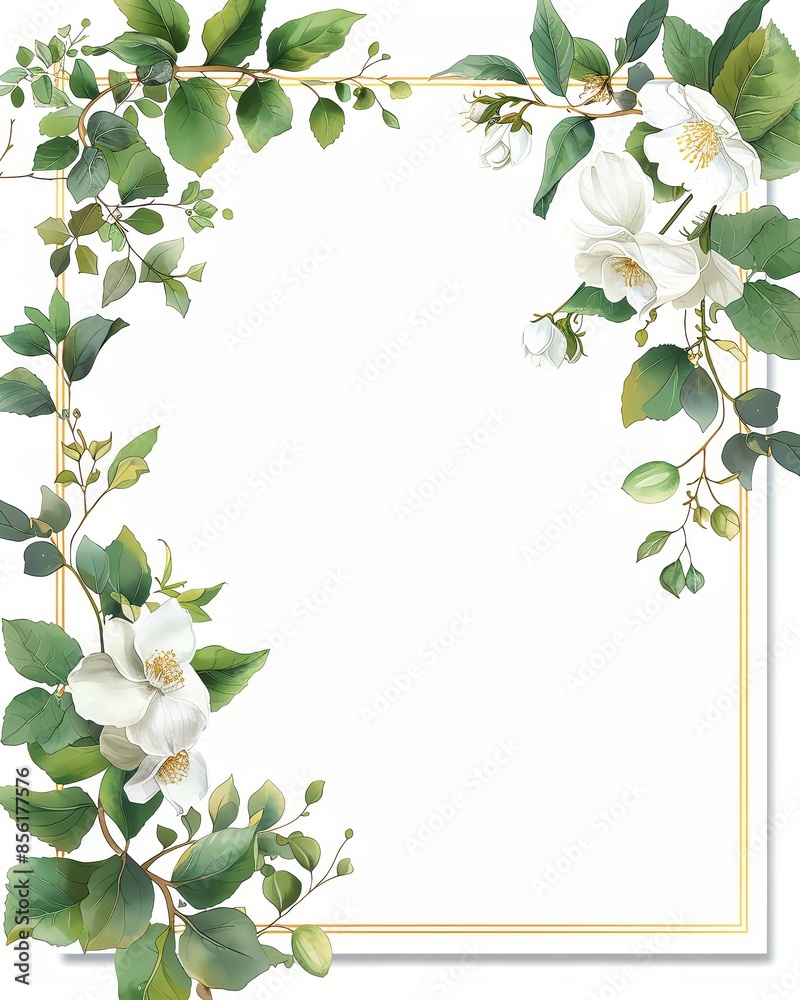 Elegant floral frame with white flowers and green leaves, perfect for invitations, greeting cards, or wedding themes.