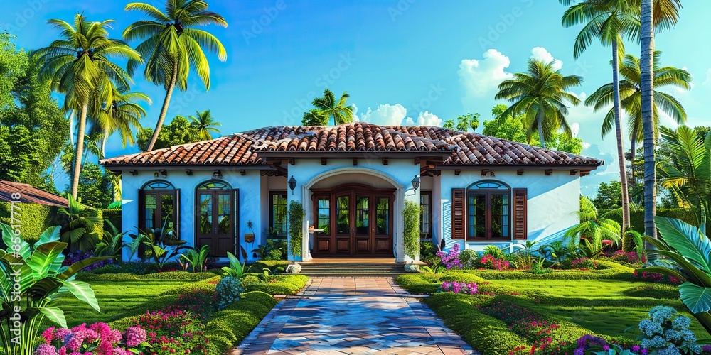 Obraz premium facade of a beautiful house with a front garden of palm trees short grass and tropical plants.stock illustration