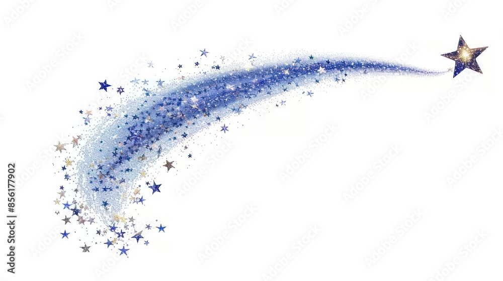 A captivating image of a shooting star gliding gracefully through the night sky, leaving behind a dazzling star trail on a clean white background, embellished with festive star sprinkles. A captivating image of a shooting star gliding gracefully through the night sky, leaving behind a dazzling star trail on a clean white background, embellished with festive star sprinkles.