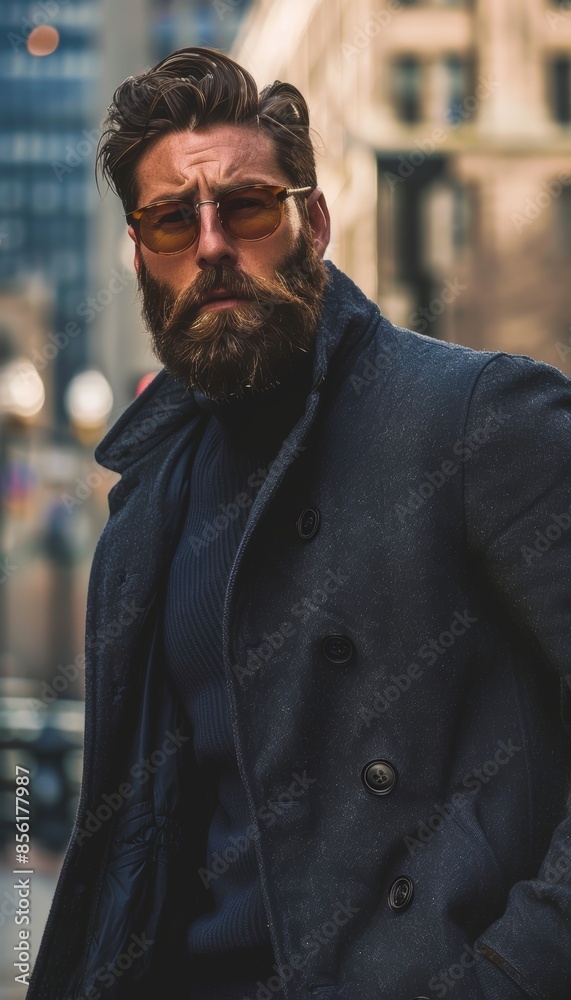 Confident Bearded Man in Stylish Outdoor Urban Setting with Modern City Background Confident Bearded Man in Stylish Outdoor Urban Setting with Modern City Background