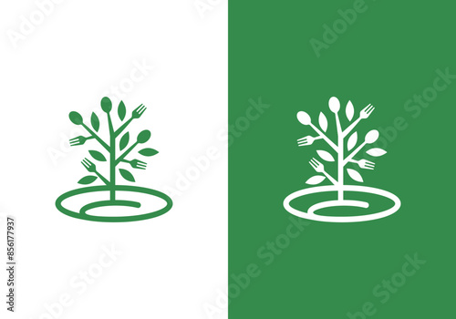food tree logo design with fork and spoon with leaves. organic food design. icon symbol for health restaurant food