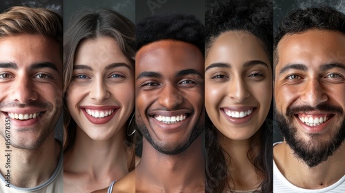 A collection of portrait shots capturing the genuine smiles of both men and women, their eyes sparkling with joy and warmth, creating a sense of connection with the viewer. 