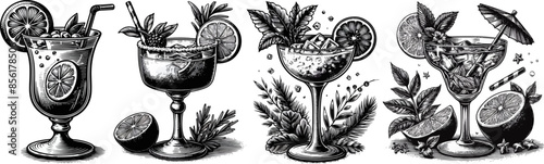 engrave black and white illustration of cocktail with fruit