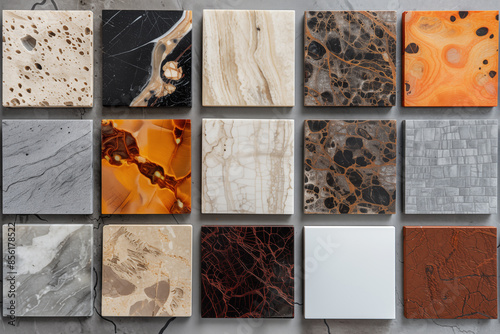 Various samples of marble stone tiles, arranged in grid pattern showing different textures and colors