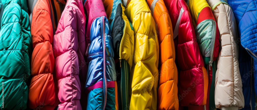 A vibrant collection of colorful puffy jackets hanging in a row captures the essence of winter fashion and warmth. A vibrant collection of colorful puffy jackets hanging in a row captures the essence of winter fashion and warmth.