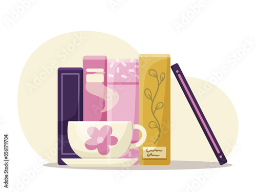 A set of colorful books and a floral teacup on a light background. Vector illustration