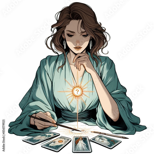 watercolor illustration of beautiful woman with magical tarot cards