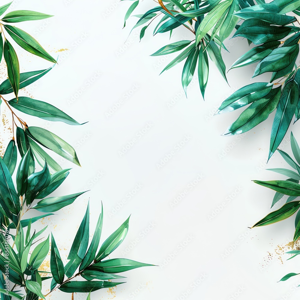 Fototapeta premium Minimalistic botanical frame with lush green leaves on a white background, perfect for nature-themed designs and backgrounds.