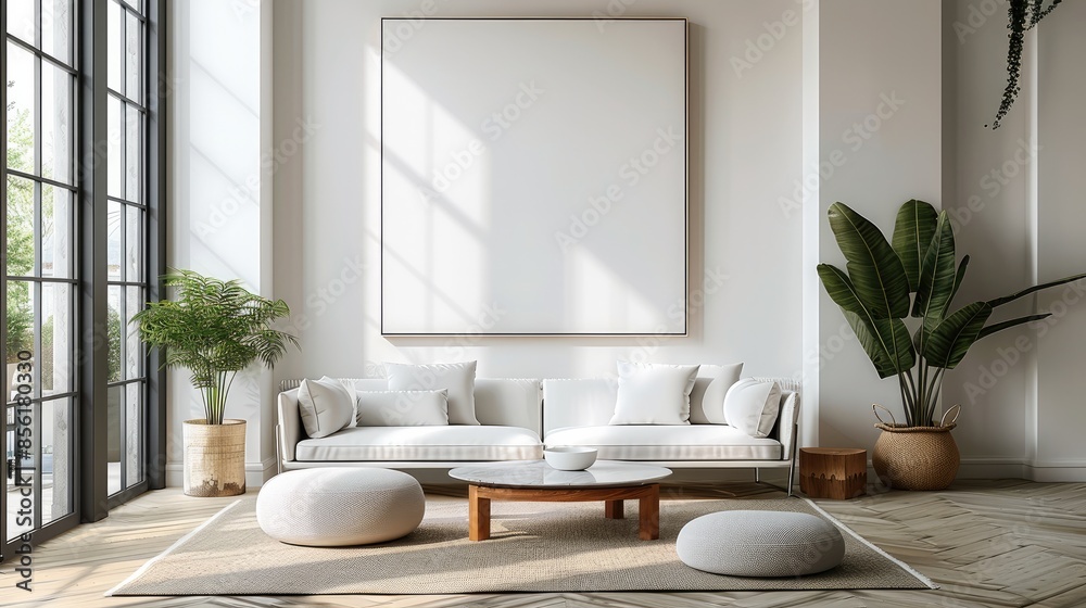 A clean and spacious living room setup featuring a white canvas backdrop, Neatly placed minimal furniture, Minimalist luxury style. Generative AI. A clean and spacious living room setup featuring a white canvas backdrop, Neatly placed minimal furniture, Minimalist luxury style. Generative AI.