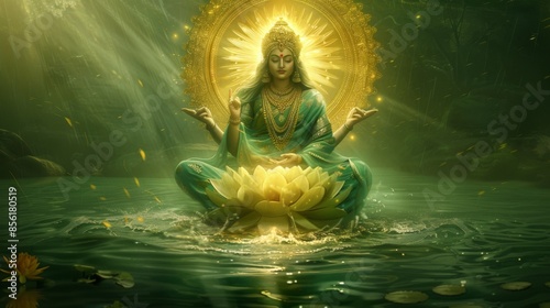 Goddess lakshmi sitting serenely on a lotus flower in water, radiating beauty and divinity photo