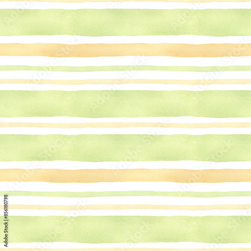Seamless green and yellow stripes background. Watercolor hand drawn striped pattern for fabric texture, wallpaper, home decor prints