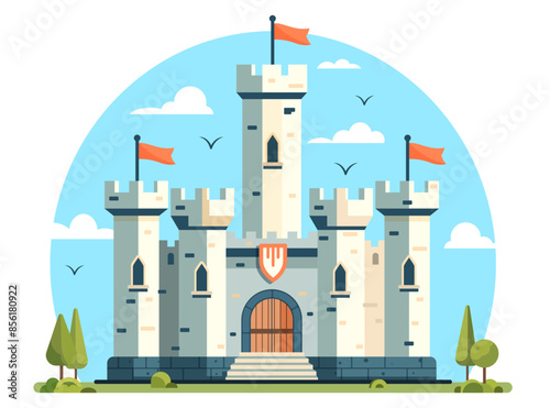 Illustration of a medieval castle with flags against a blue sky, vector style, with nature elements. Concept of history and architecture. Vector illustration