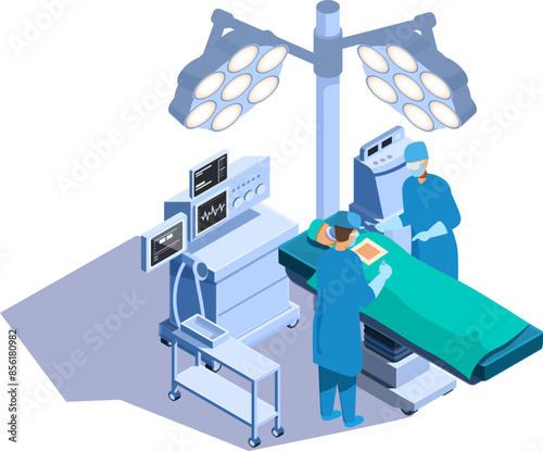 isometric surgical operation with surgeon and assistant with medical equipment, vector illustration